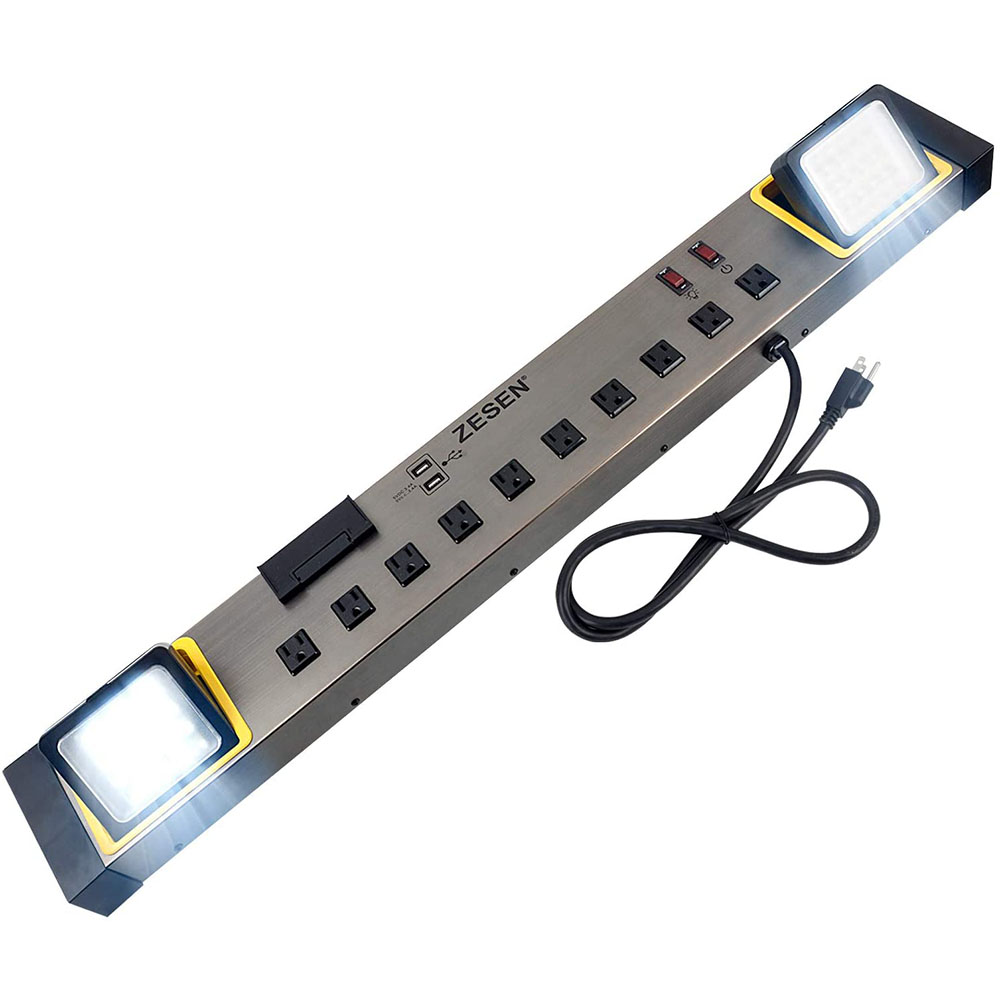 ZESEN - 10-Outlet Power Strip with LED Worklight and USB